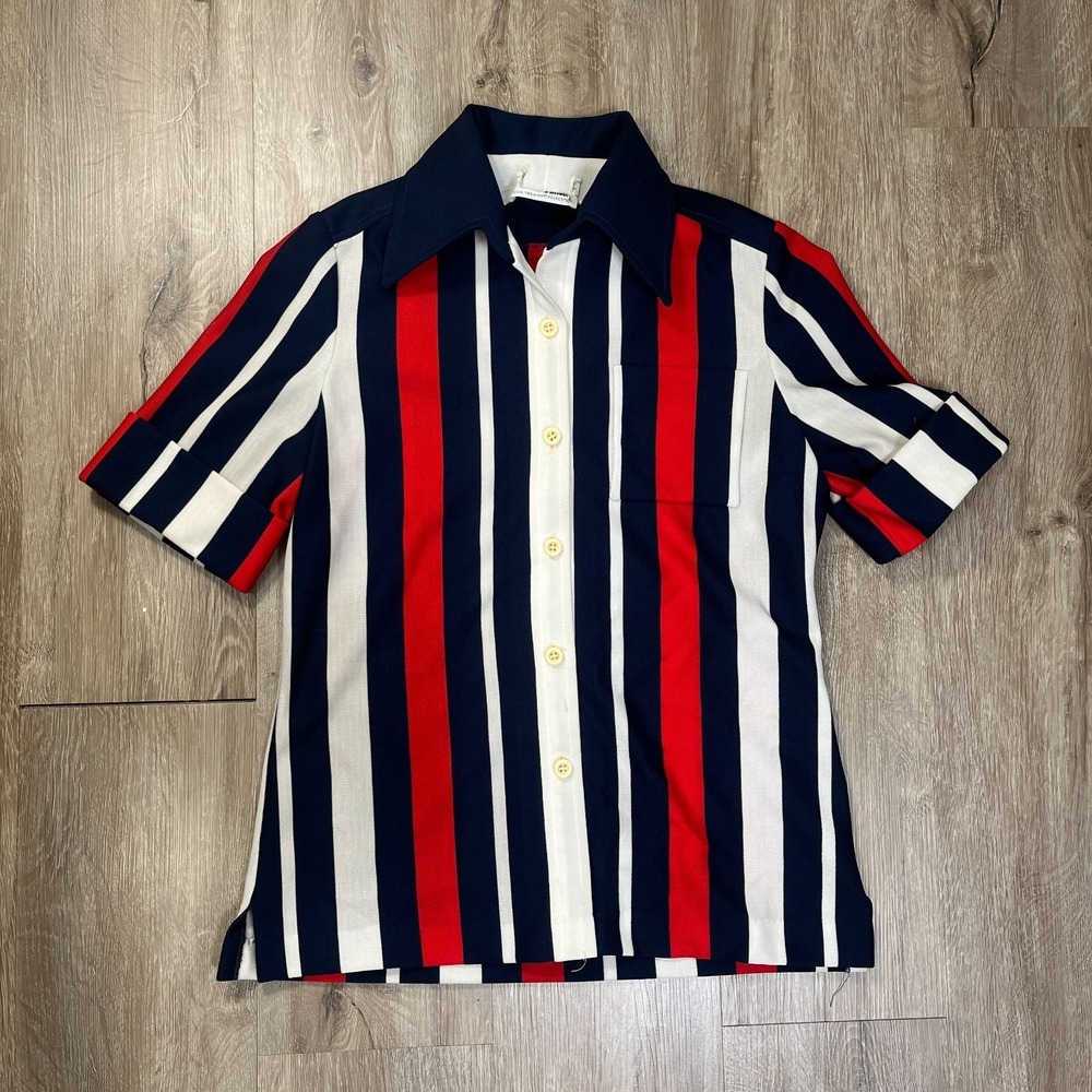 VTG 70's Womens Button Up Camp Collar Red White Blue Polyester Large
